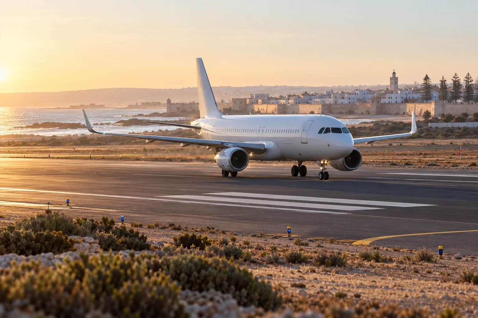 Early morning passenger flight on the runway at Essaouira Mogador Airport. flights to essaouira