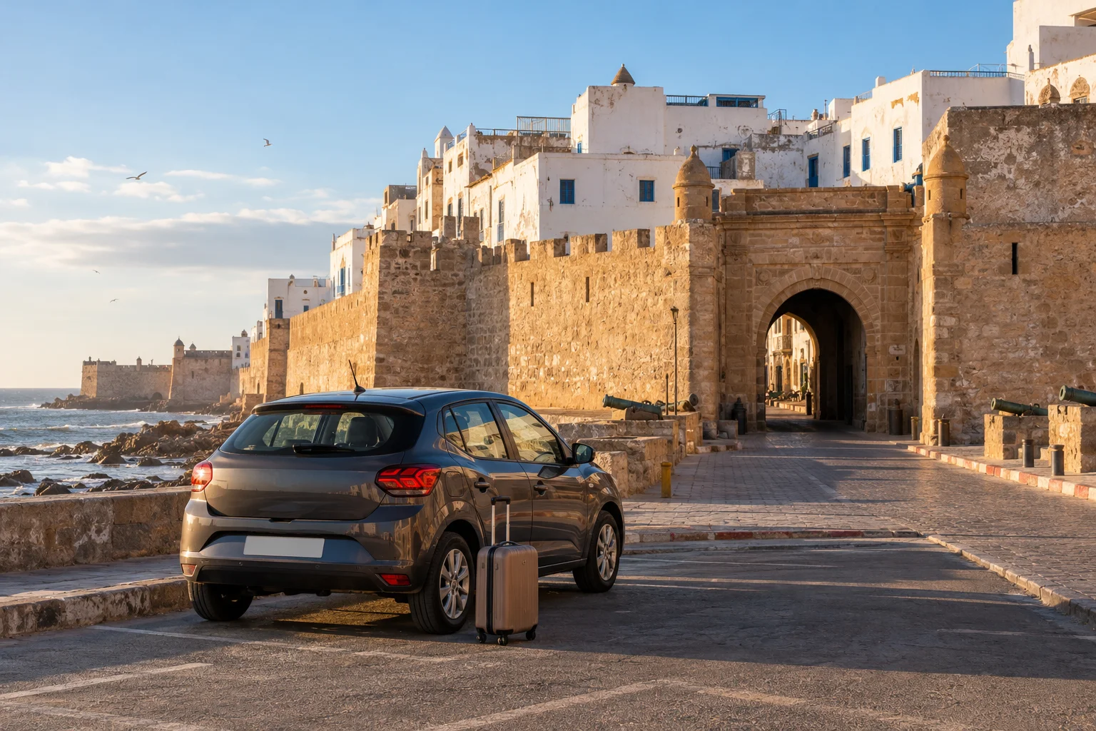 Auto a noleggio e bagagli fuori dalle mura storiche della medina a Essaouira. aeroporto di Essaouira